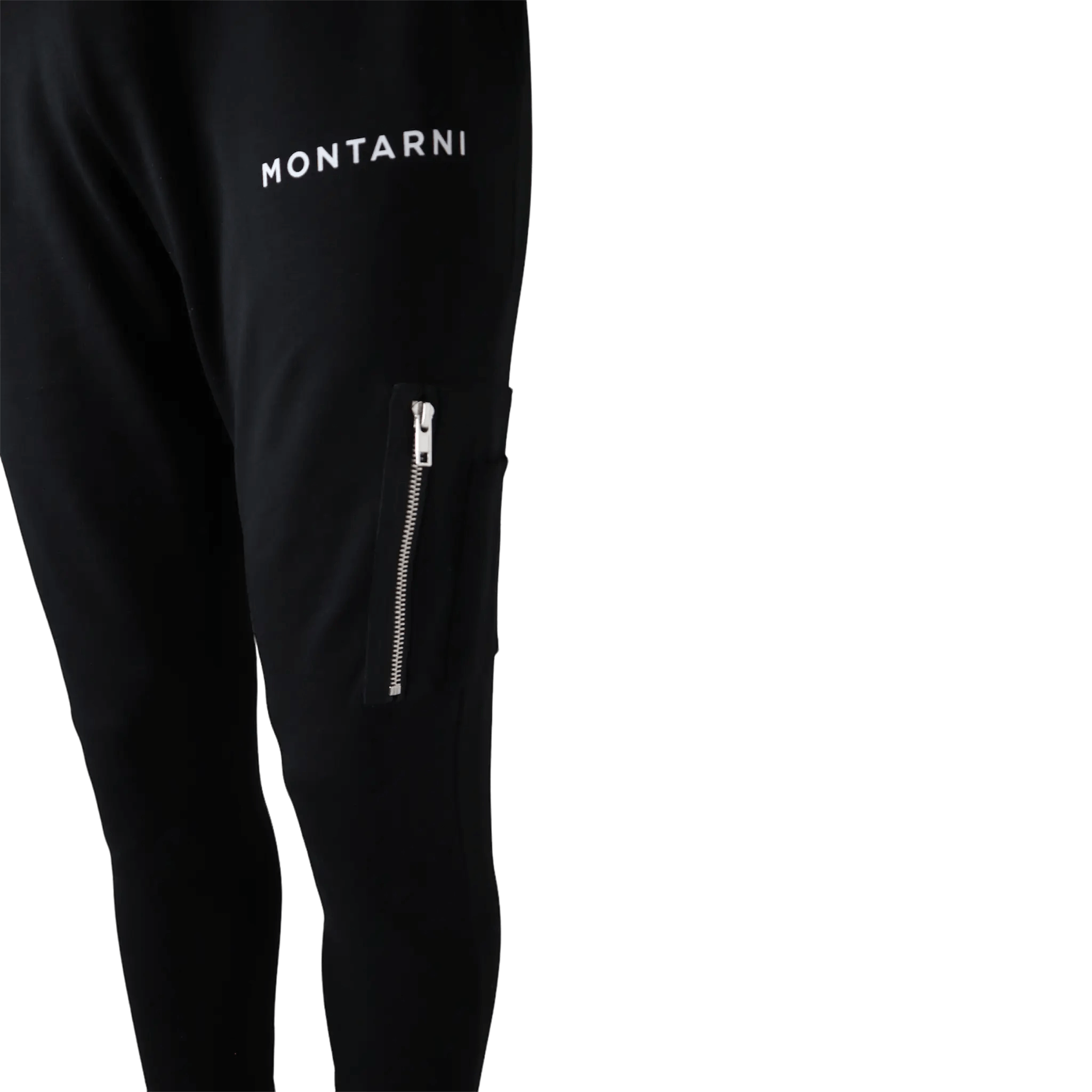 Side view of Montarni slim fit jogging pants in black showing technical zip thigh pocket and sleek tapered cut
