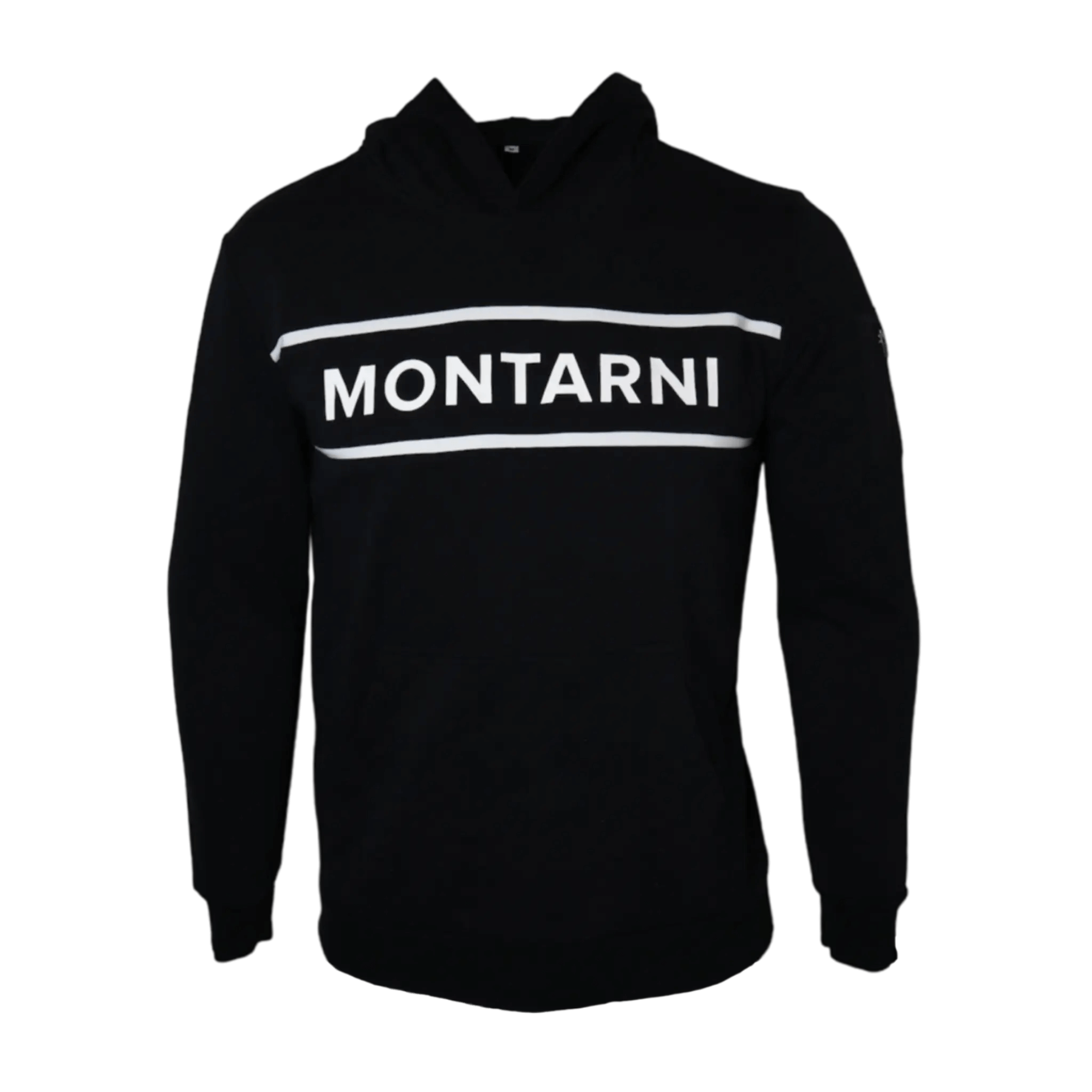 Montarni black gym hoodie men front view featuring bold tape stripe logo across chest and kangaroo pouch