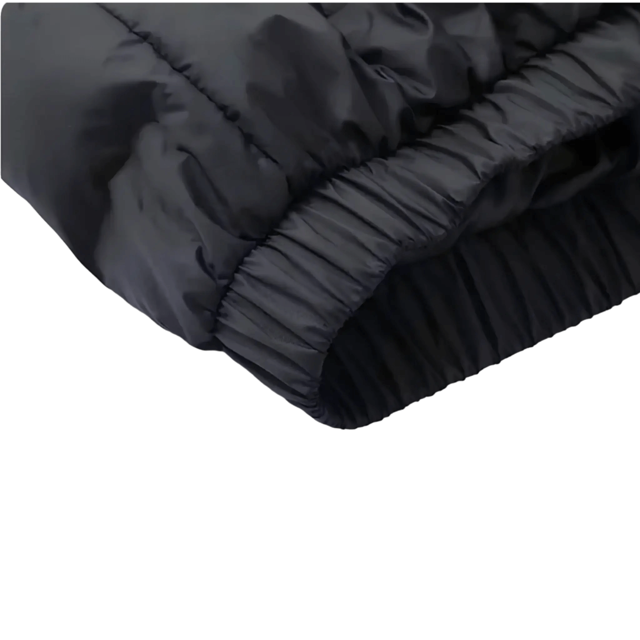 Close‑up of Montarni mens black padded gilet ribbed hem and quilted stitching on lightweight fabric