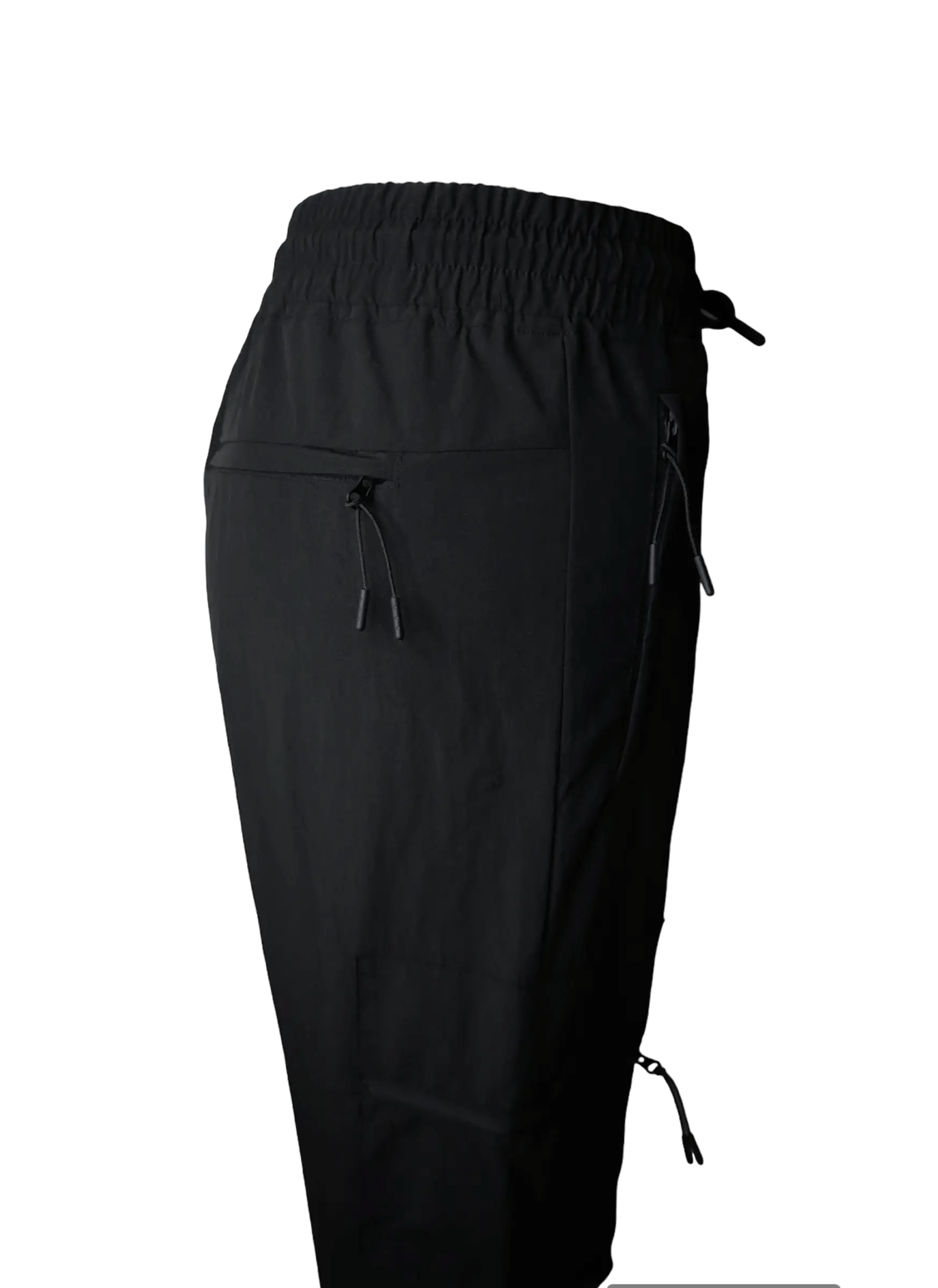 Side view of Montarni casual Cargo pants men showing zip pocket and flap pocket on thigh in light black fabric