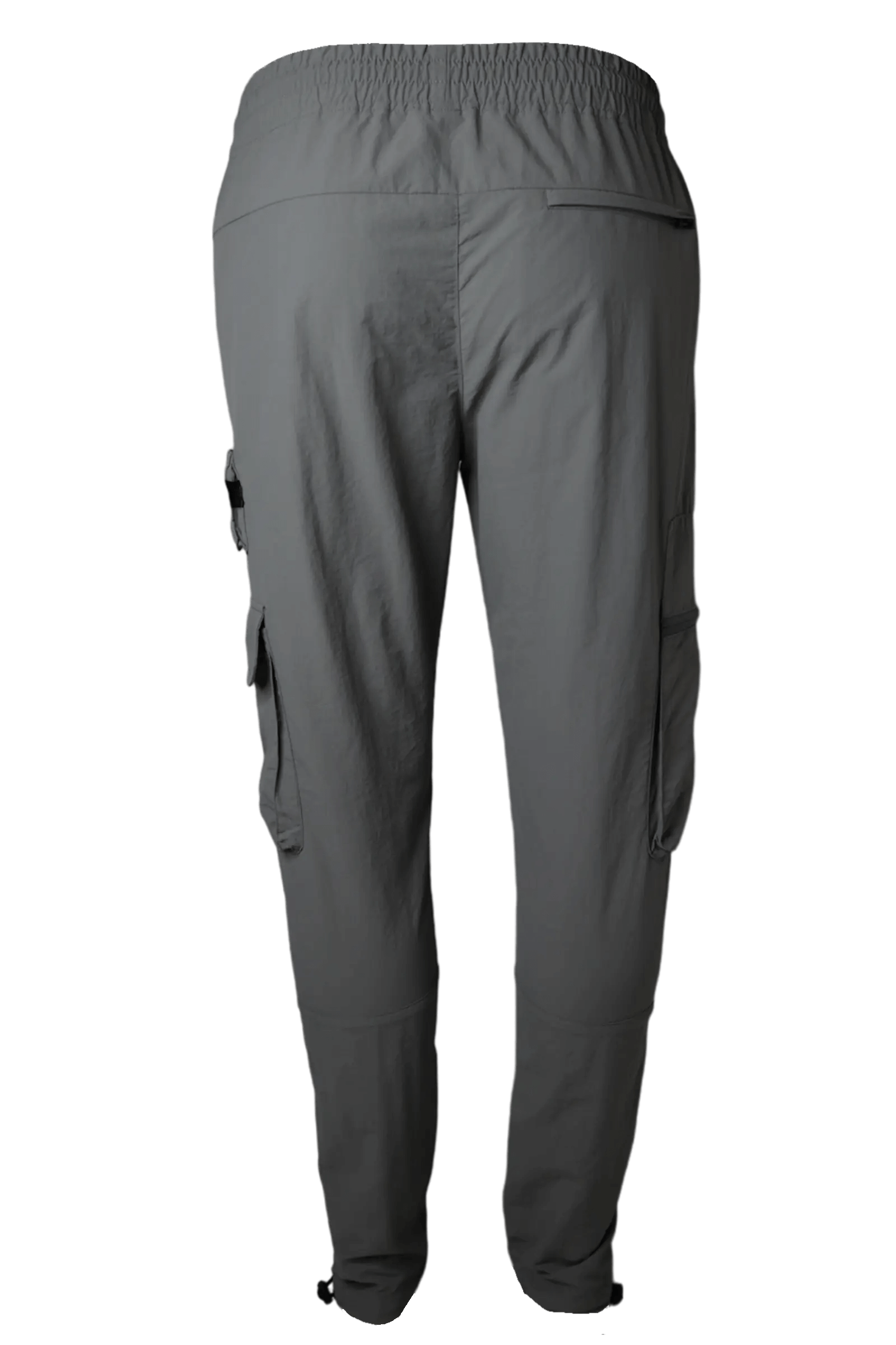 Close-up of Montarni casual Cargo pants men adjustable toggle cuffs and nylon drawstring hem in grey