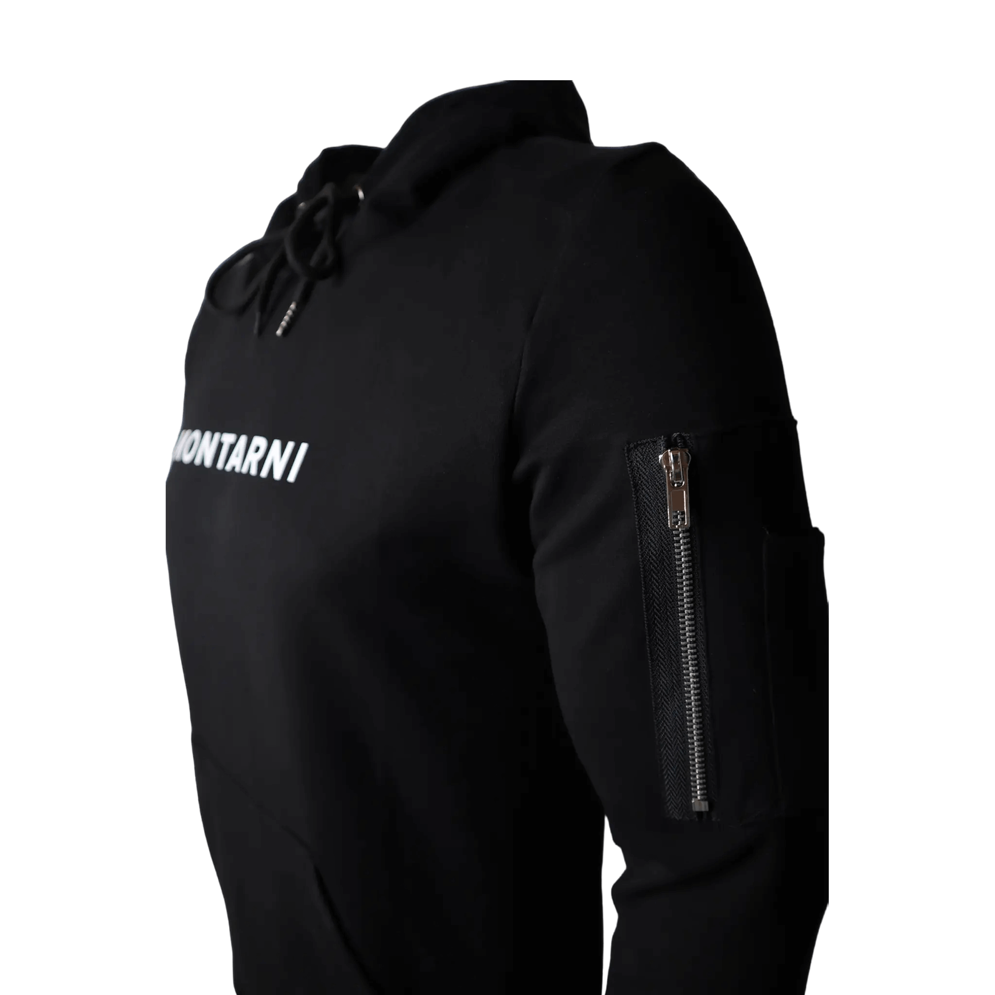 Side view of Montarni mens hoodie showing zip pocket on left sleeve and streamlined athletic cut