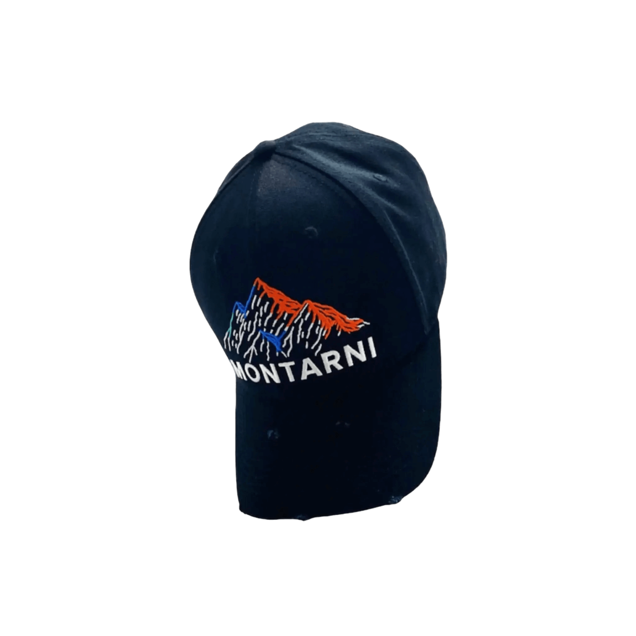 Montarni black distressed cap with curved brim and embroidered logo front panel