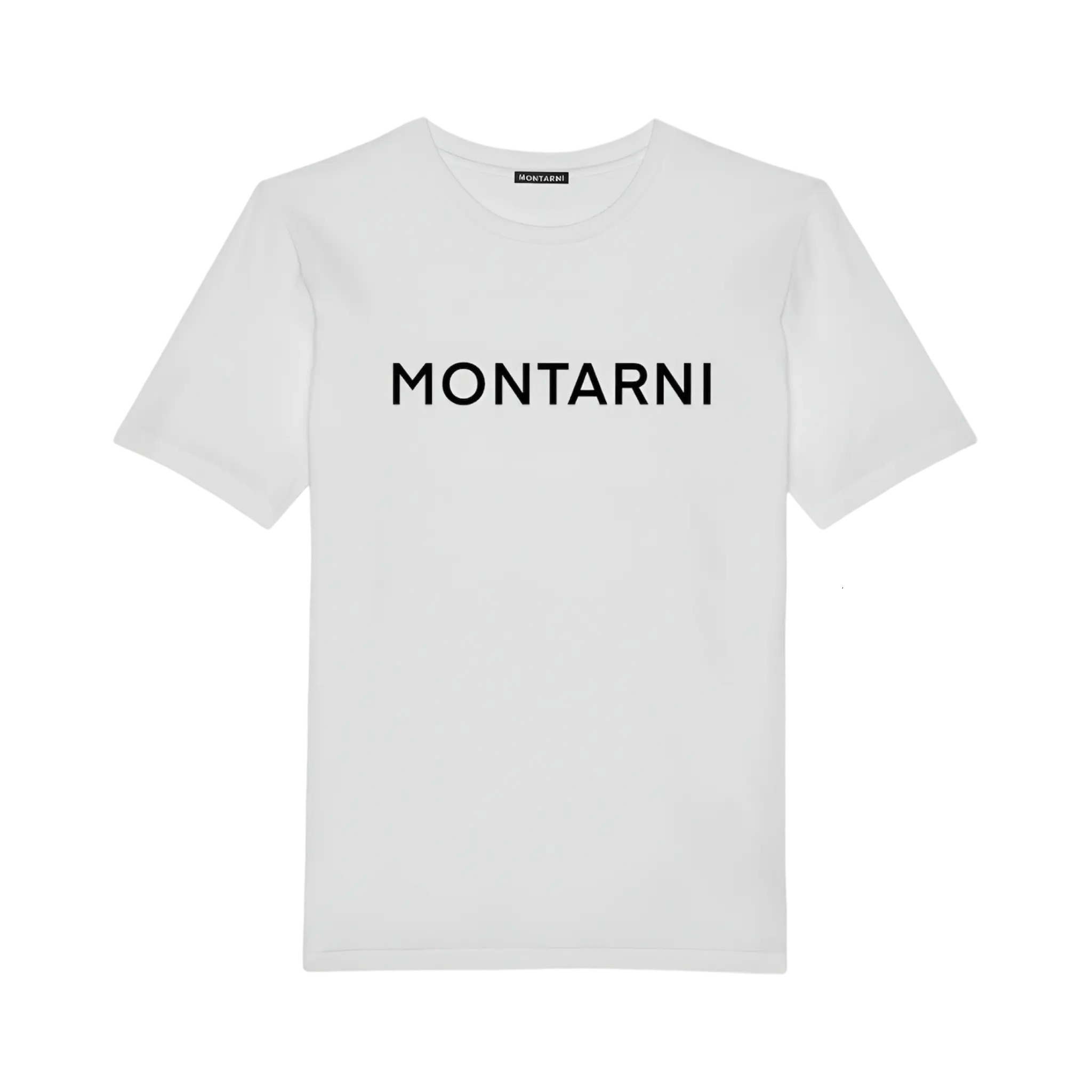 Montarni white soft cotton t shirt men with flocked black logo on chest and ribbed crewneck