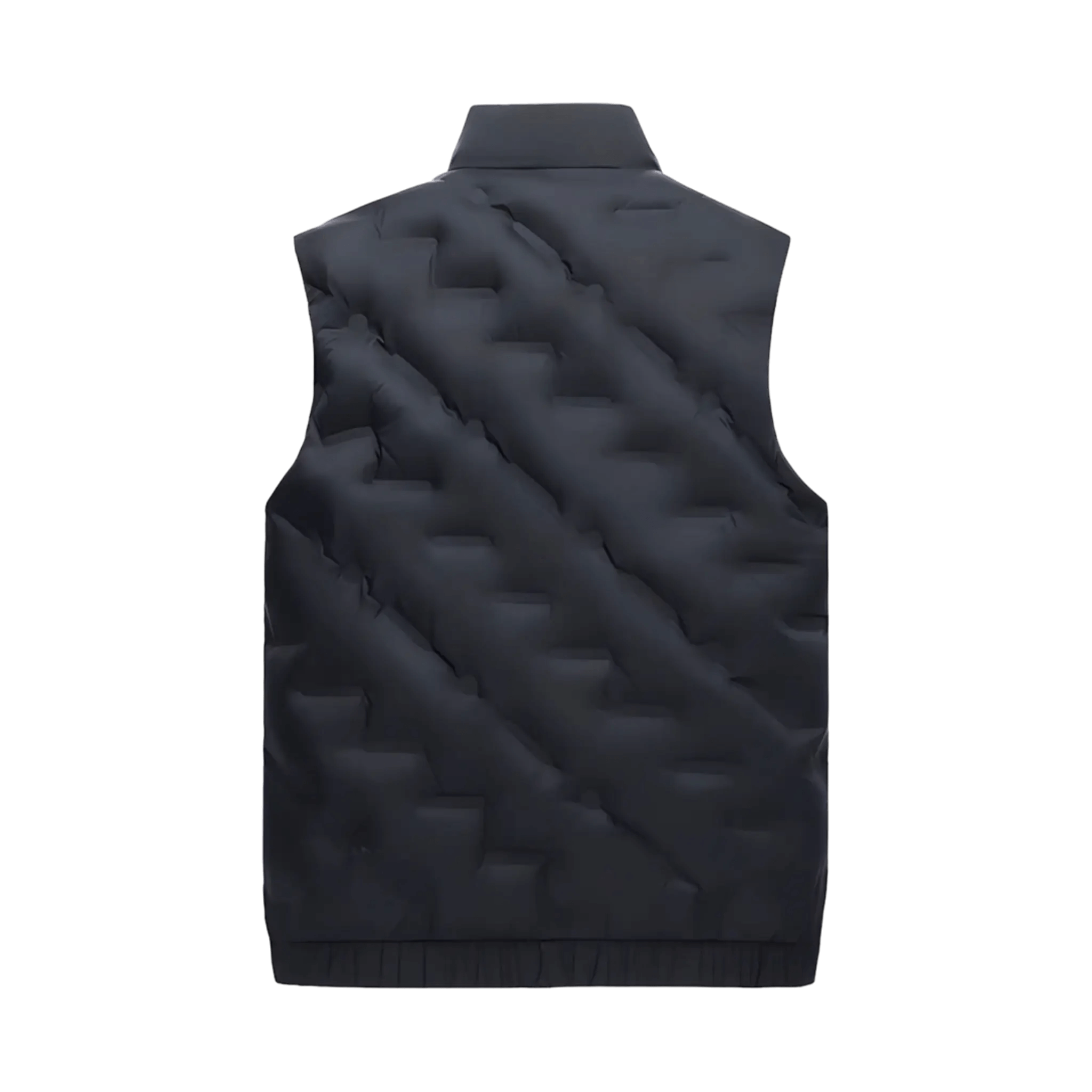 Back of Montarni mens black padded gilet showing quilted panels and slim fit silhouette