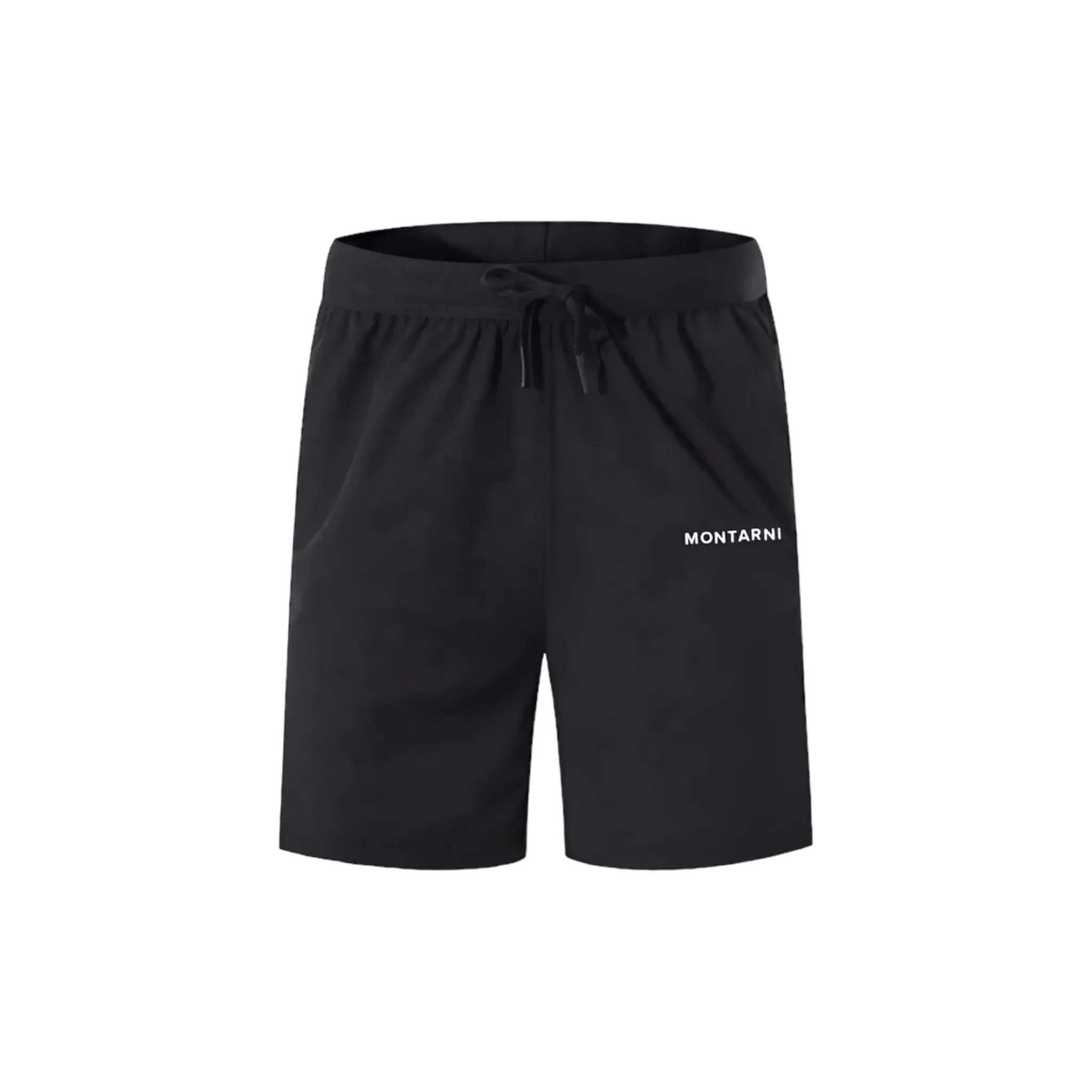 Men’s black nylon spandex shorts – Montarni activewear Black men’s athletic shorts with drawstring waist – Montarni Montarni lightweight men’s gym shorts – breathable and flexible Men’s performance training shorts – black with logo Montarni men’s workout