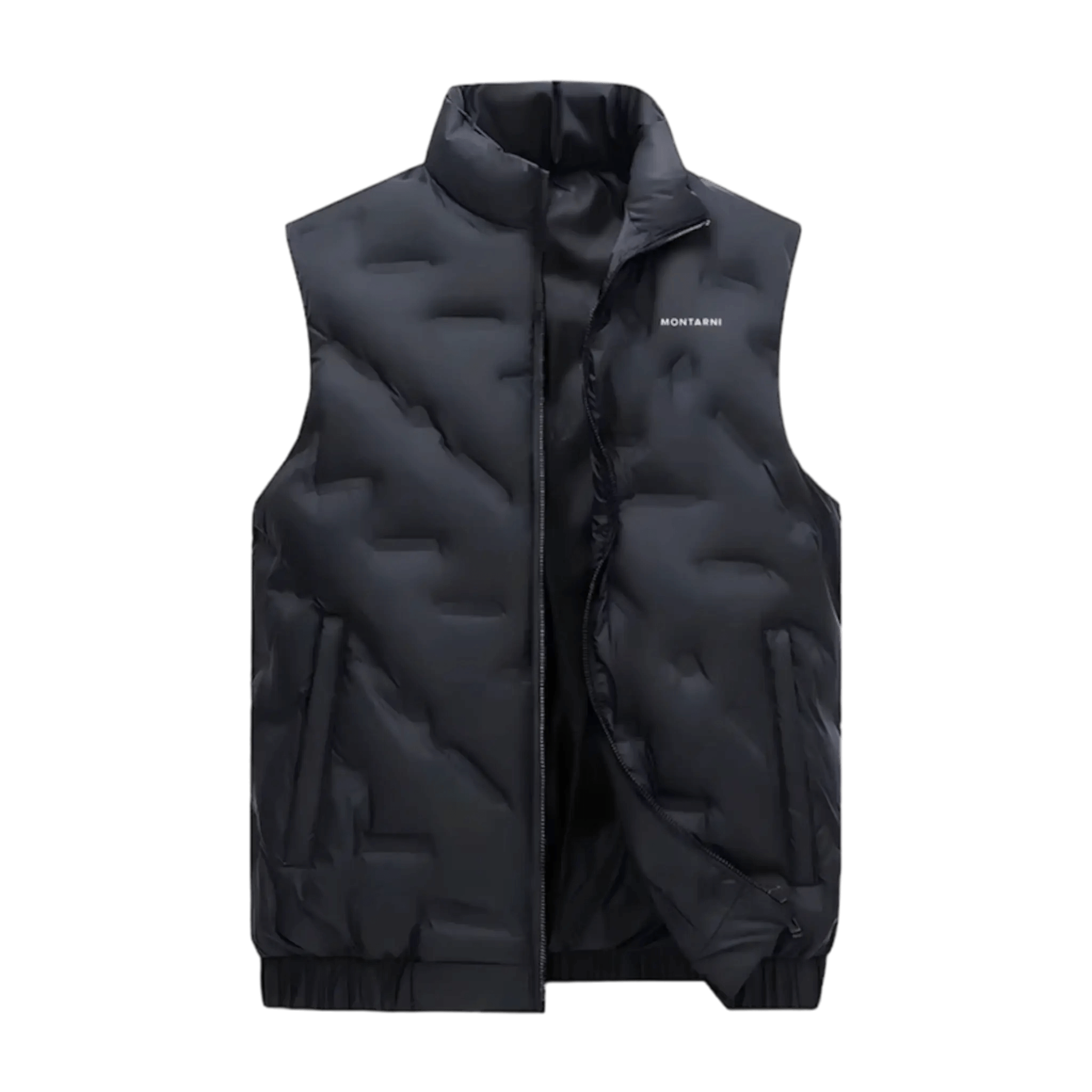 Montarni mens black padded gilet with full zip front, stand‑up collar, and side pockets in lightweight quilted polyester