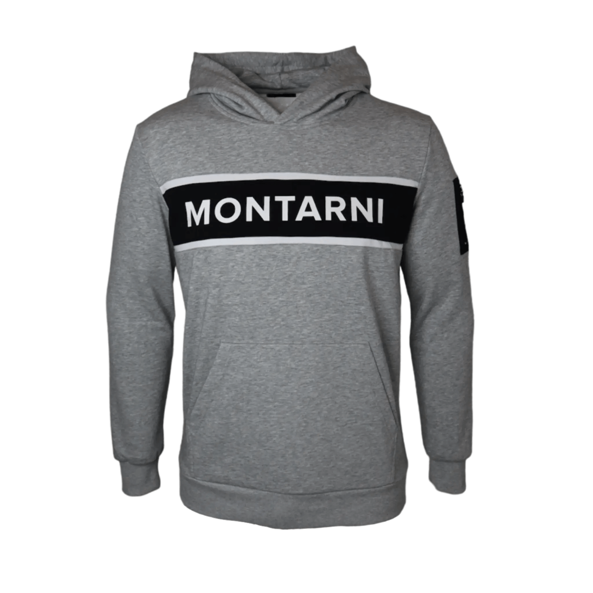 Montarni grey gym hoodie men front view featuring bold tape stripe logo across chest and kangaroo pouch