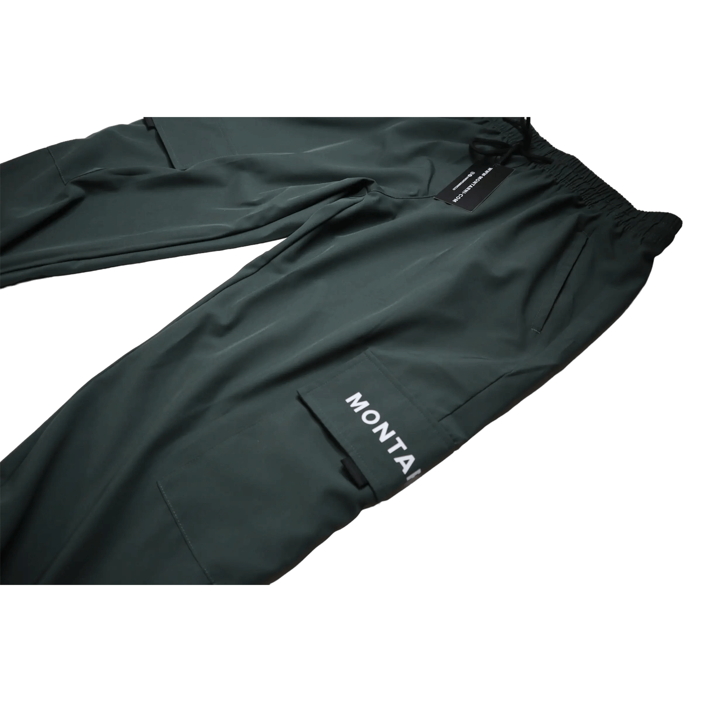 Utility streetwear cargo pants for men showing a sleek dark green design with side pockets and modern branding.