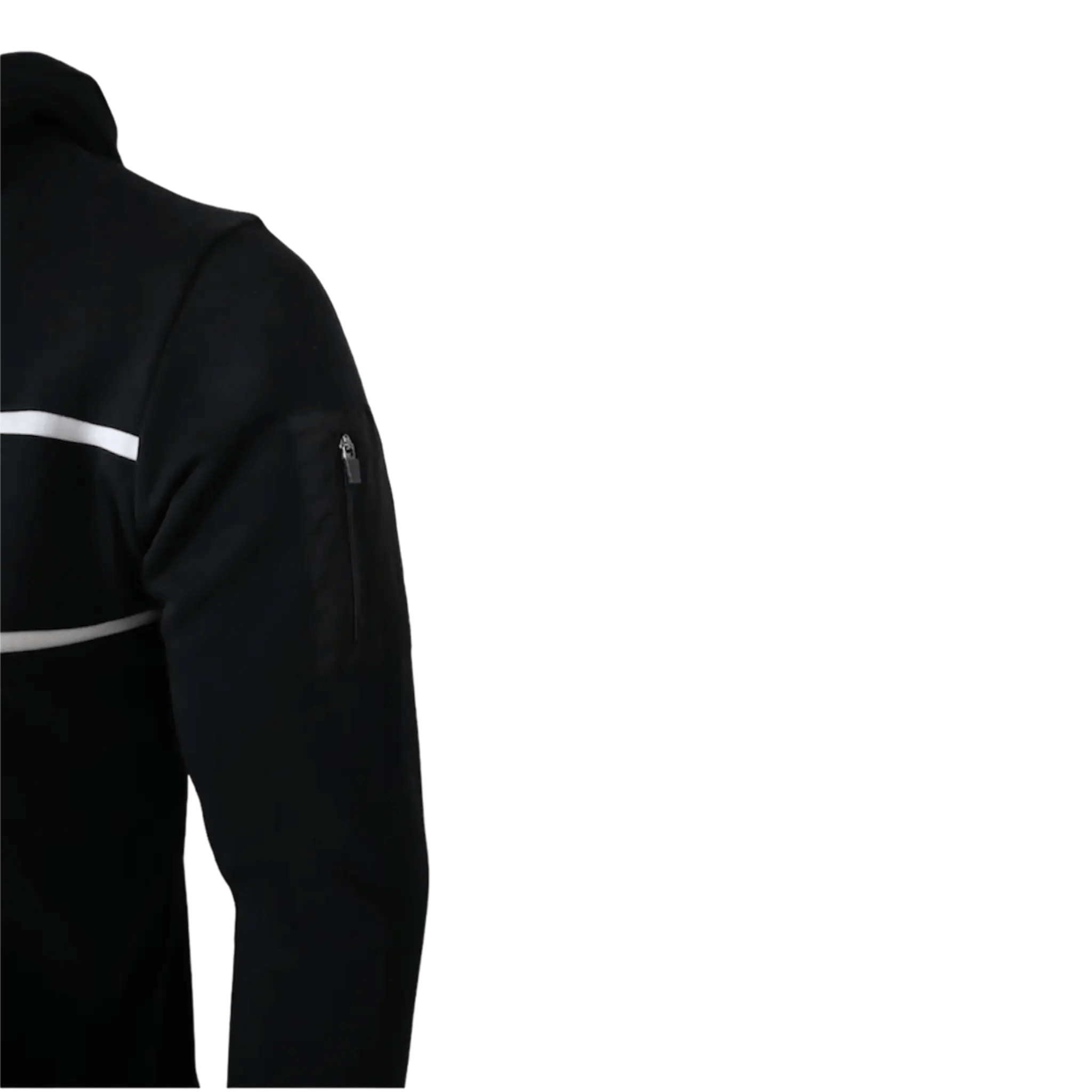 Close‑up of Montarni gym hoodie men sleeve zip pocket and ribbed cuff on black technical fabric