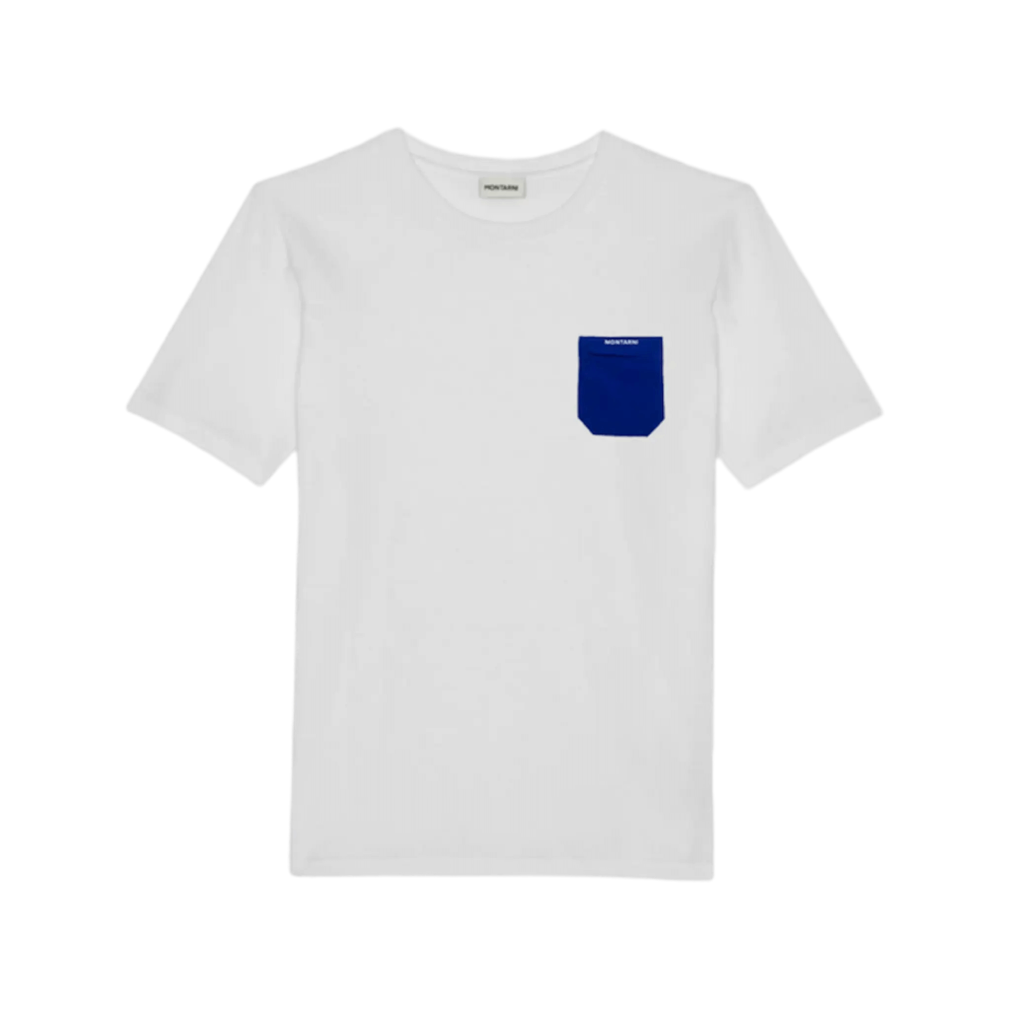 Model wearing Montarni utility pocket t-shirt in white featuring blue zipper pocket on chest and ribbed crewneck