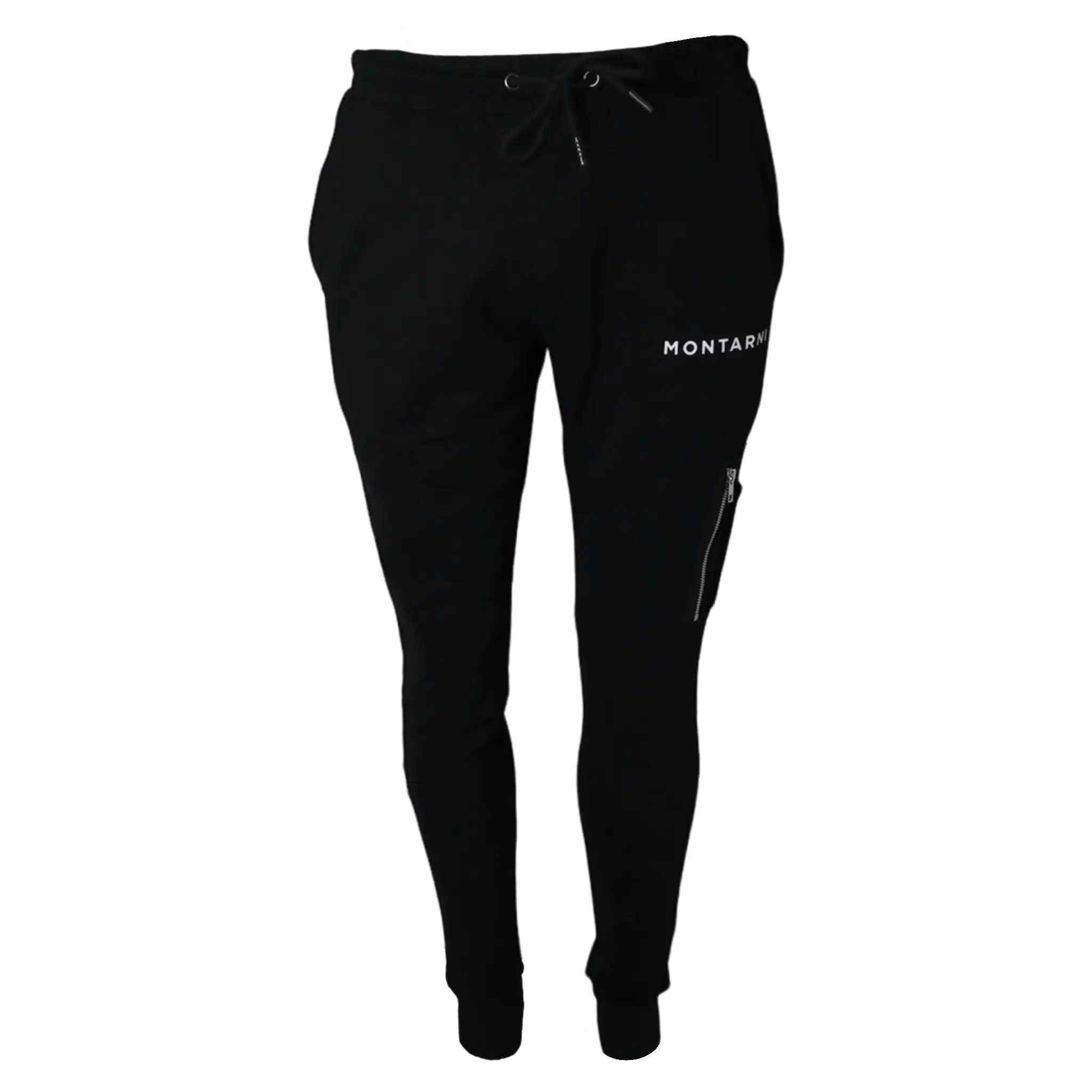 Montarni black skinny joggers with tapered legs, elastic waistband, ribbed cuffs, and white logo