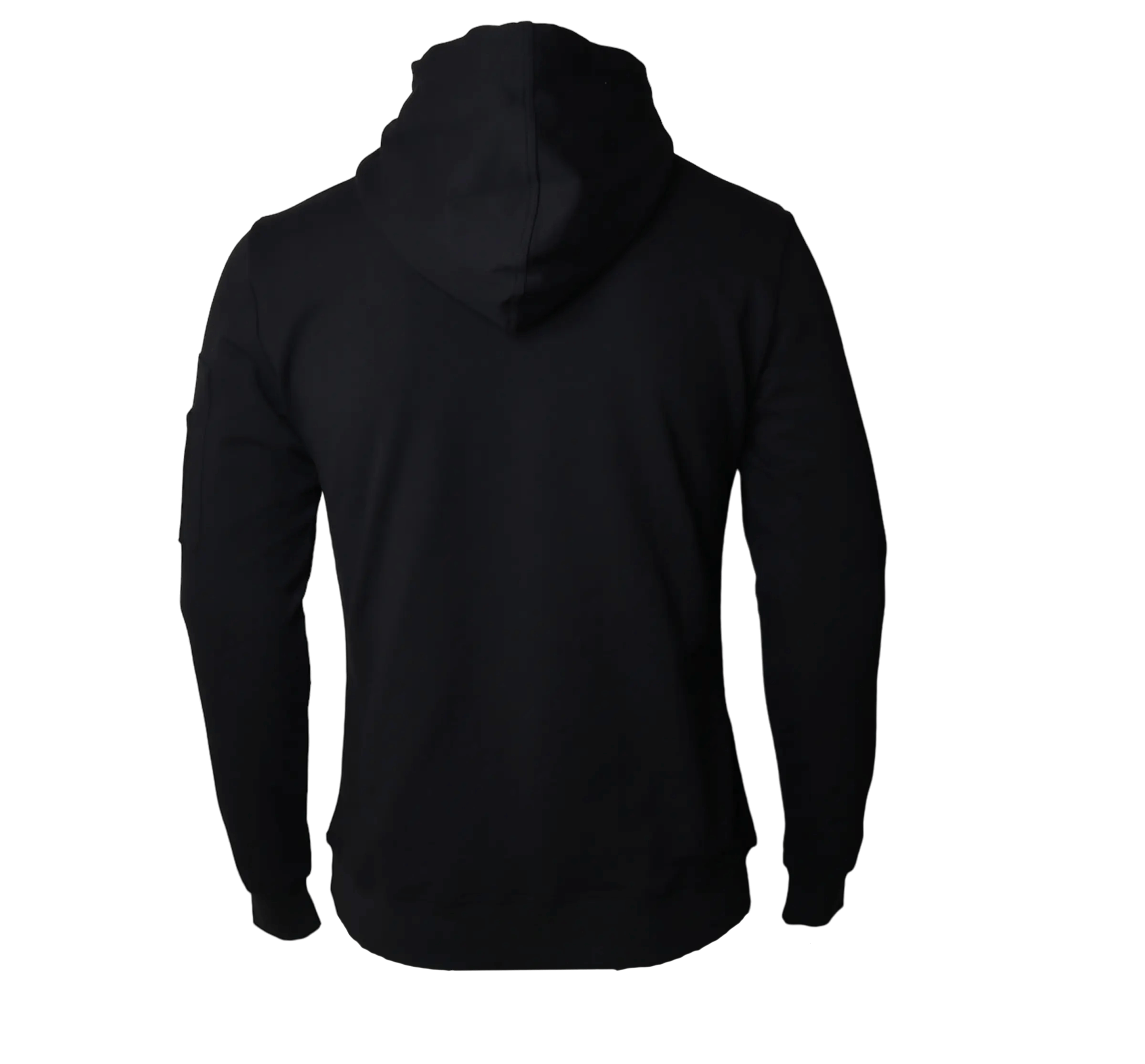 Back of Montarni black tech hoodie with stretch ribbed waistband and relaxed hood silhouette