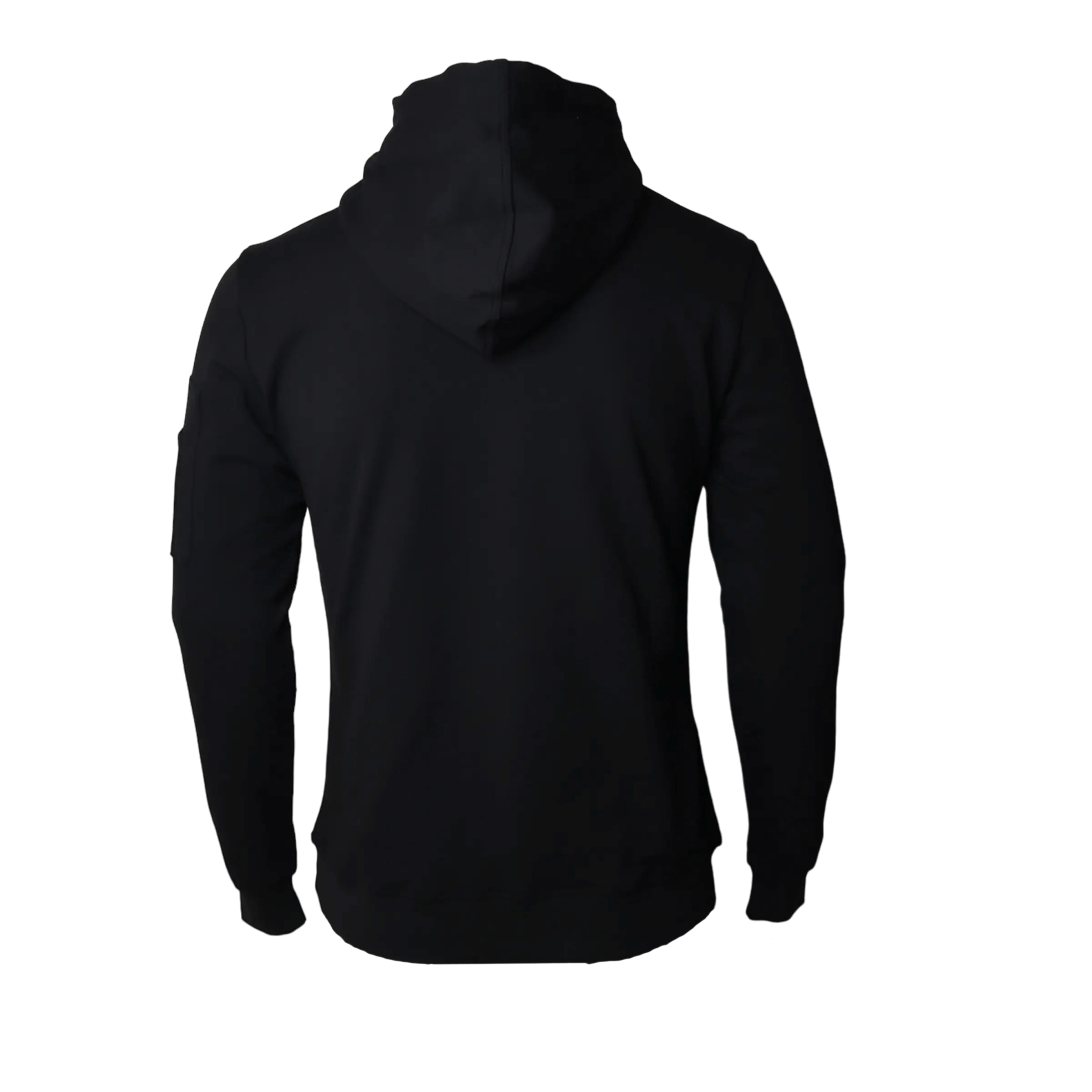 Back of Montarni black tech hoodie with stretch ribbed waistband and relaxed hood silhouette