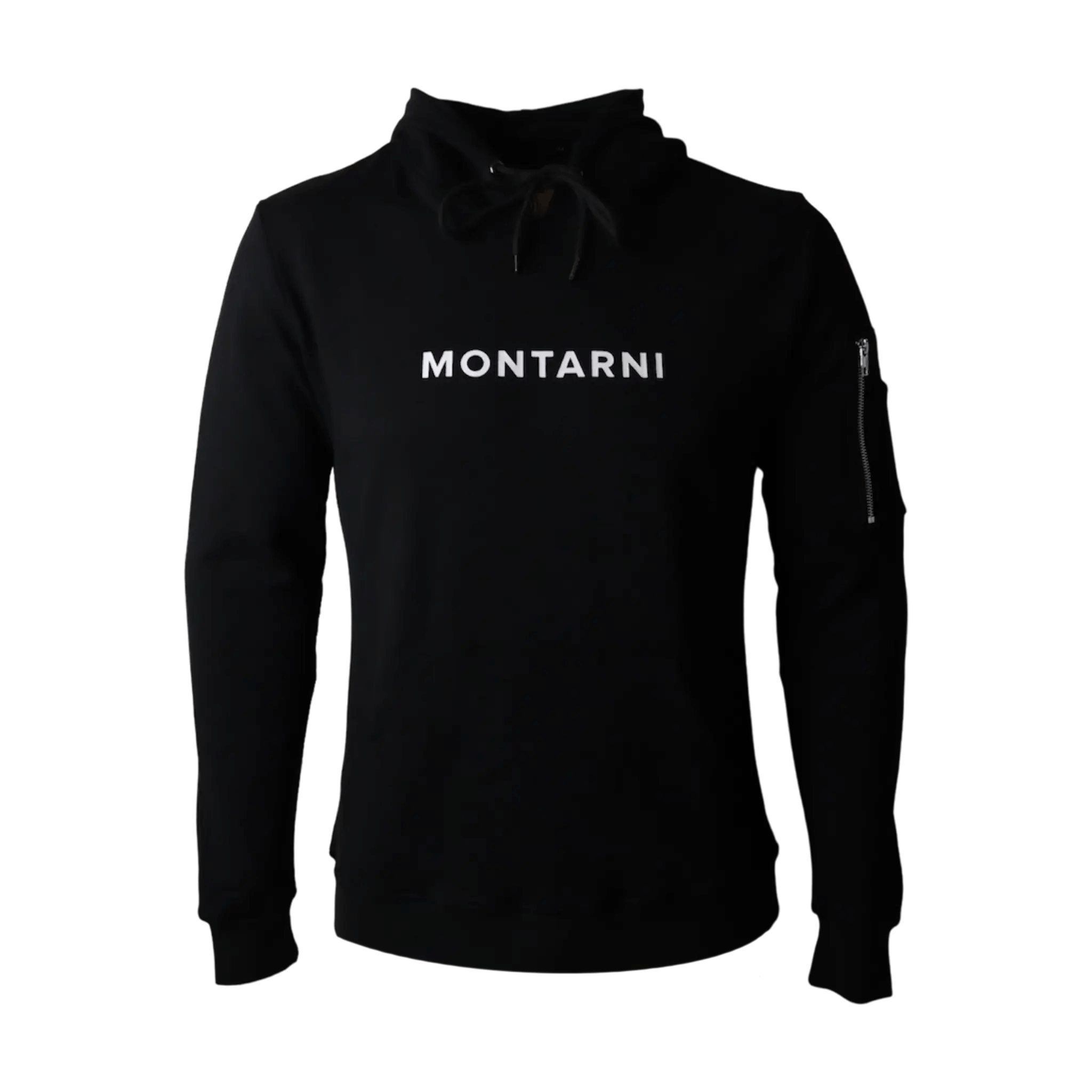 Montarni black mens hoodie tech design with zip pocket on sleeve, kangaroo pouch and printed chest logo