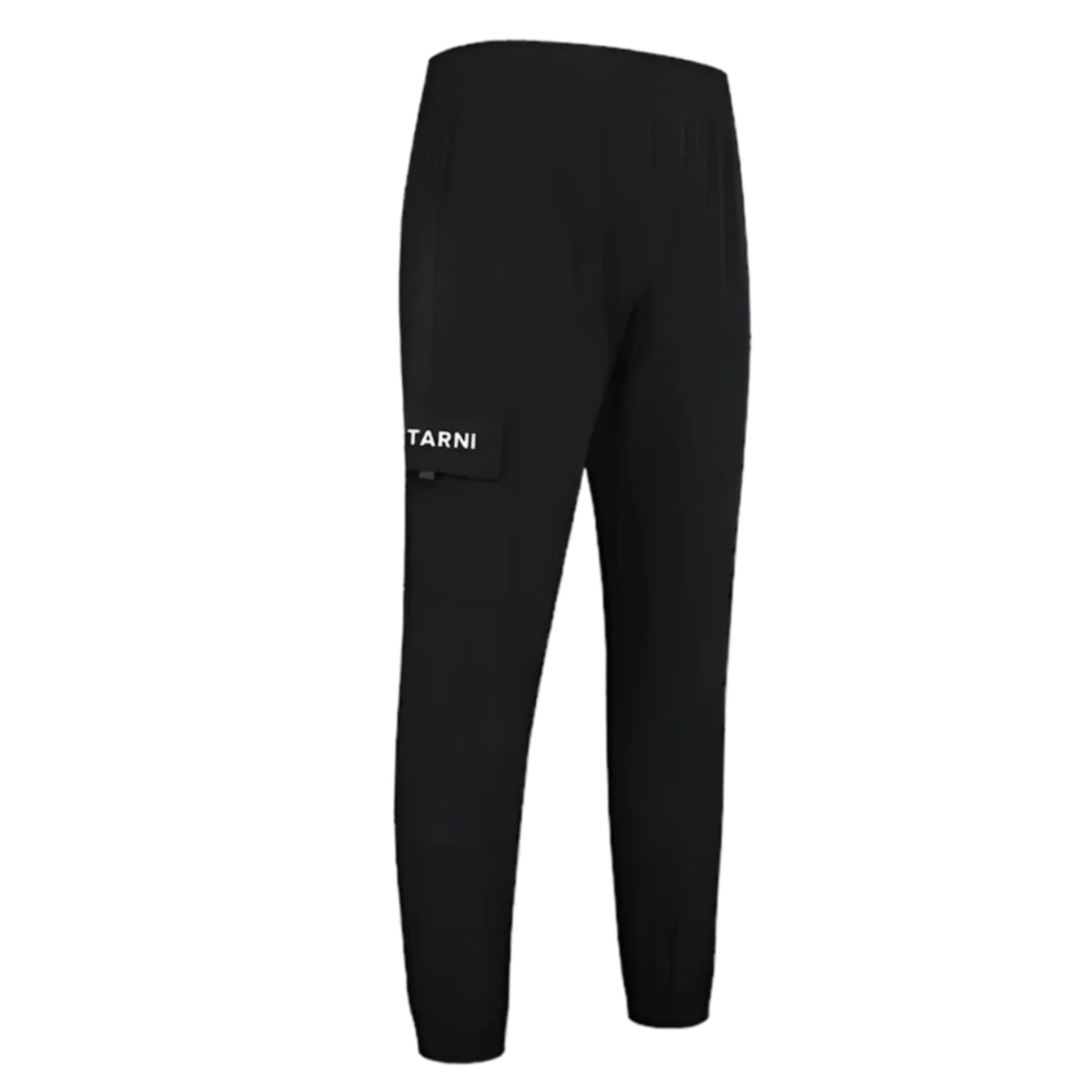 Side view of Men’s Gym Cargo Pants showing zip utility pocket and structured tapered silhouette in black