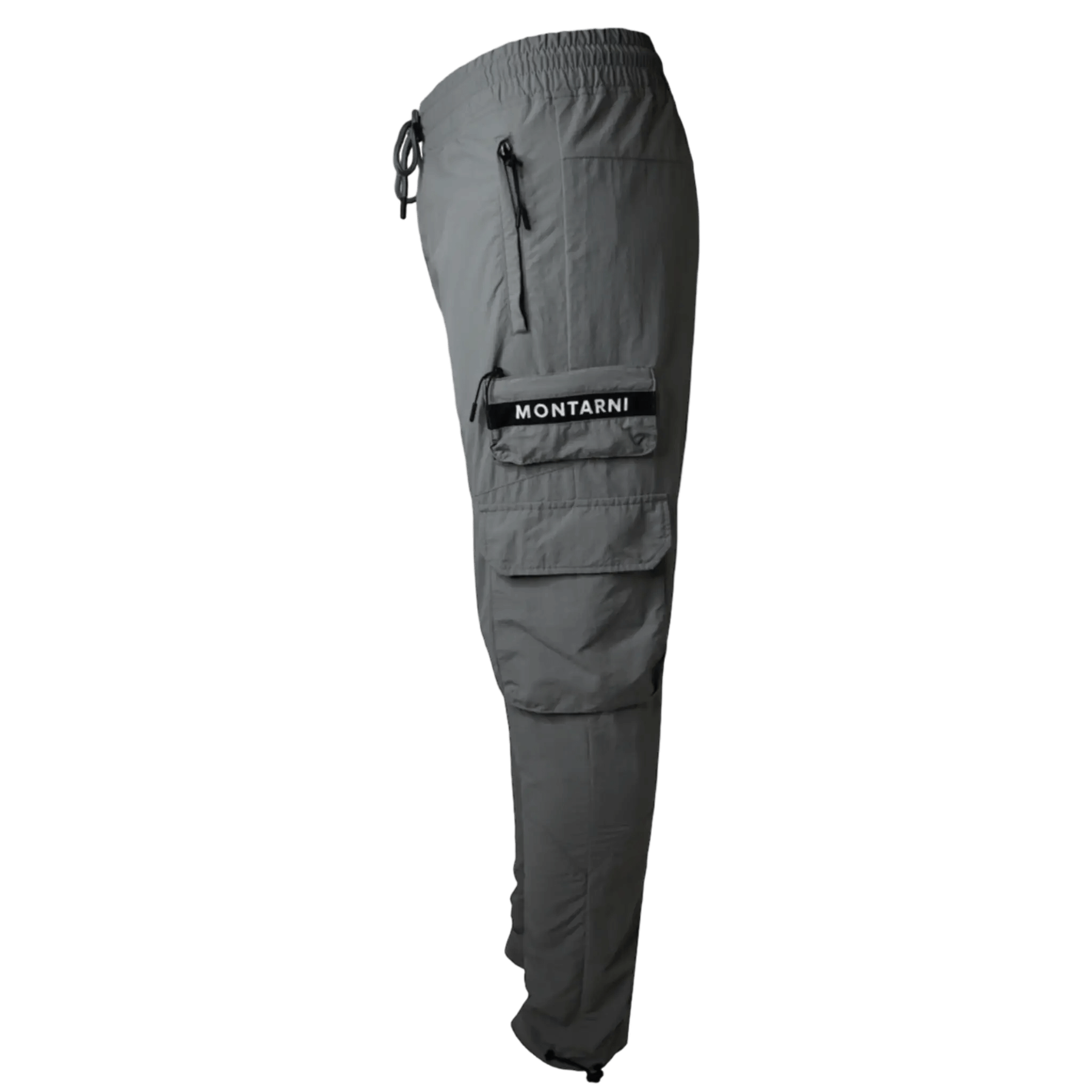 Side view of Montarni casual Cargo pants men showing zip pocket and flap pocket on thigh in light grey fabric