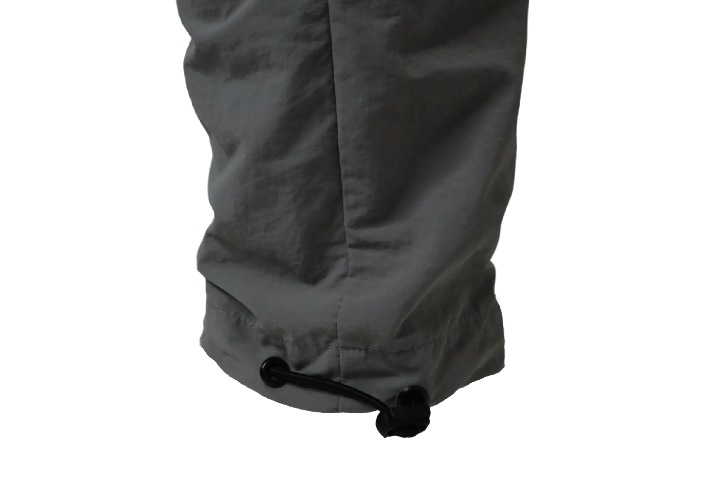 Close-up of Montarni casual Cargo pants men adjustable toggle cuffs and nylon drawstring hem in grey