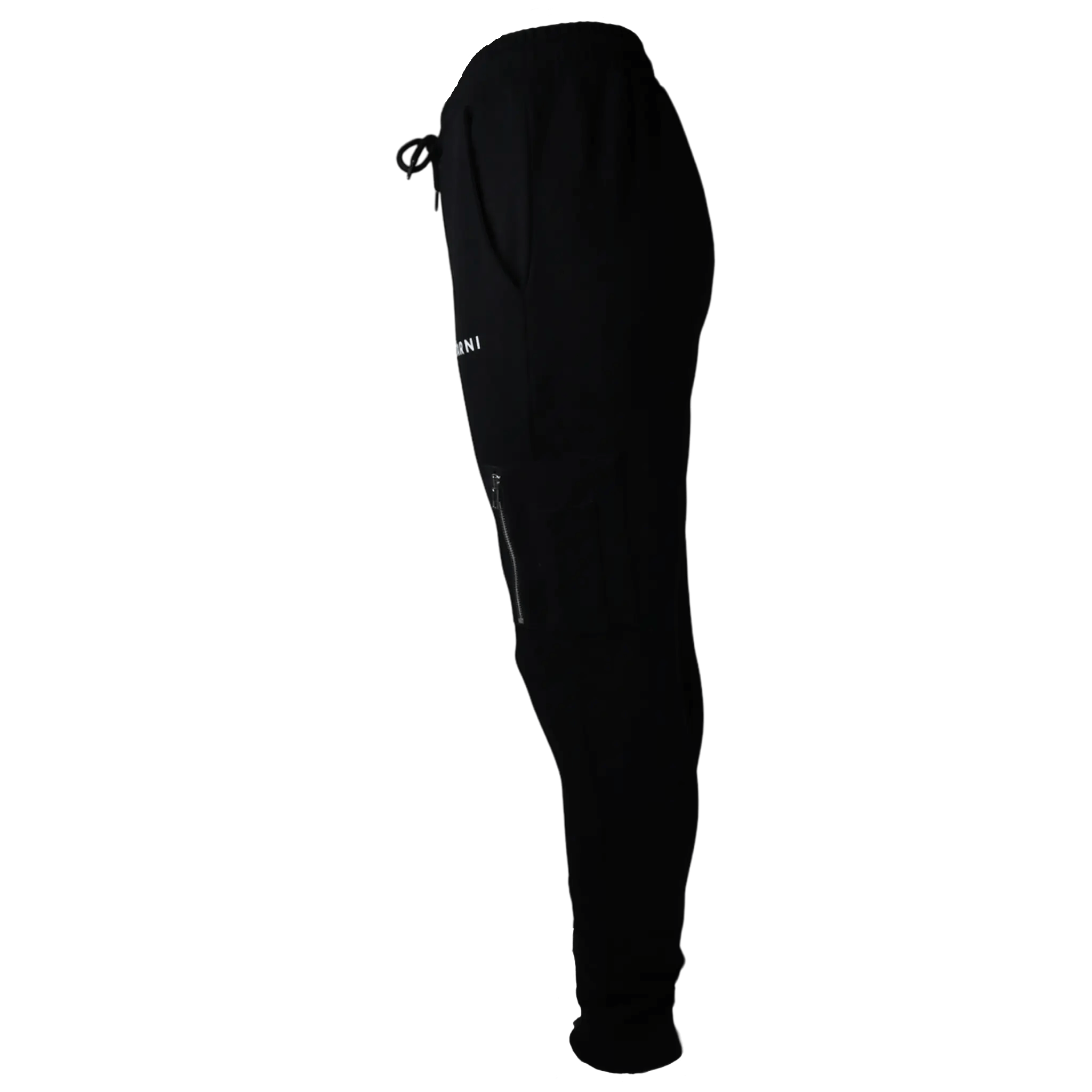 Model wearing Montarni black slim fit jogging pants featuring drawstring waist, ribbed cuffs and secure zip pocket