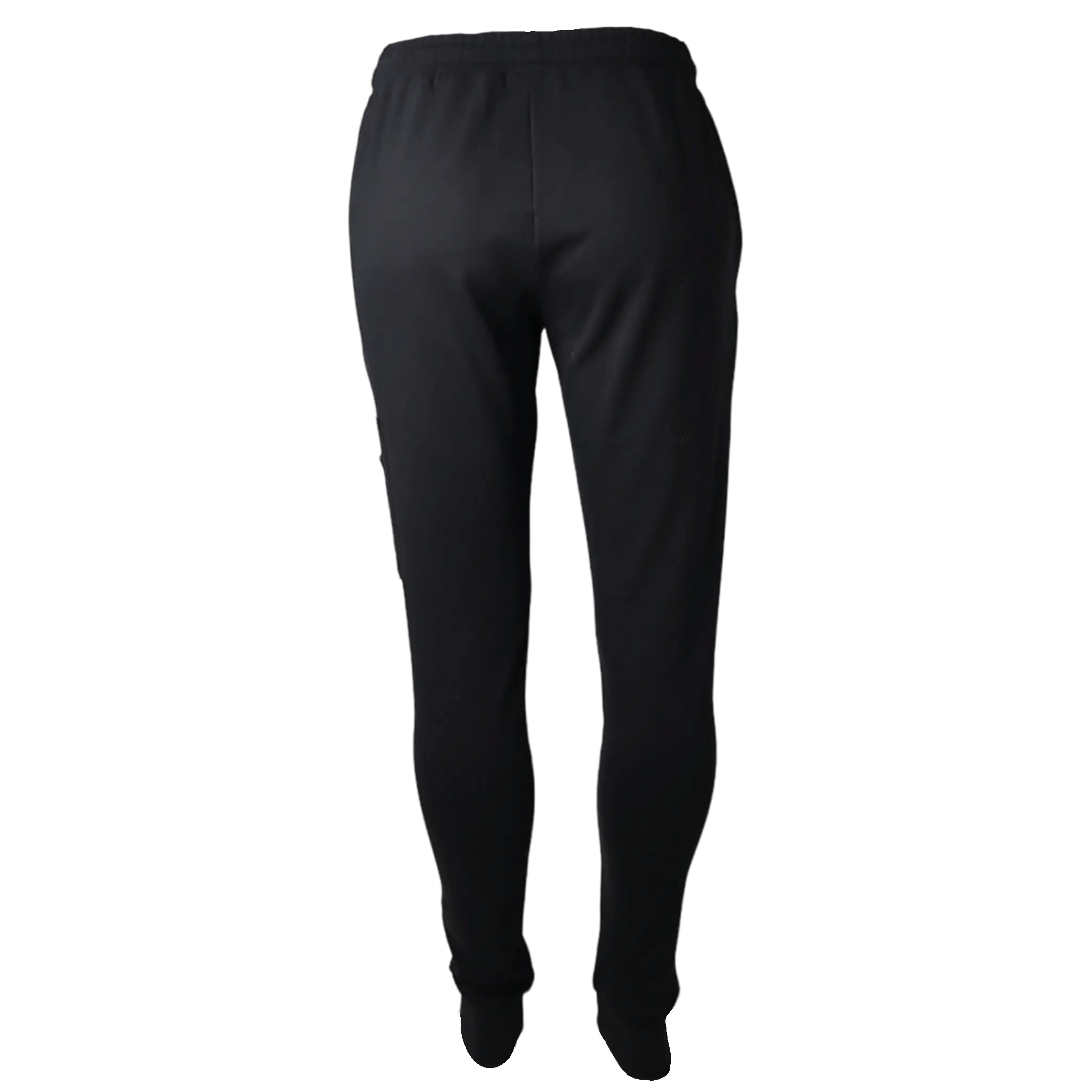 Model wearing Montarni black tech skinny joggers featuring elastic waistband, drawstring, tapered legs, and zip thigh pocket