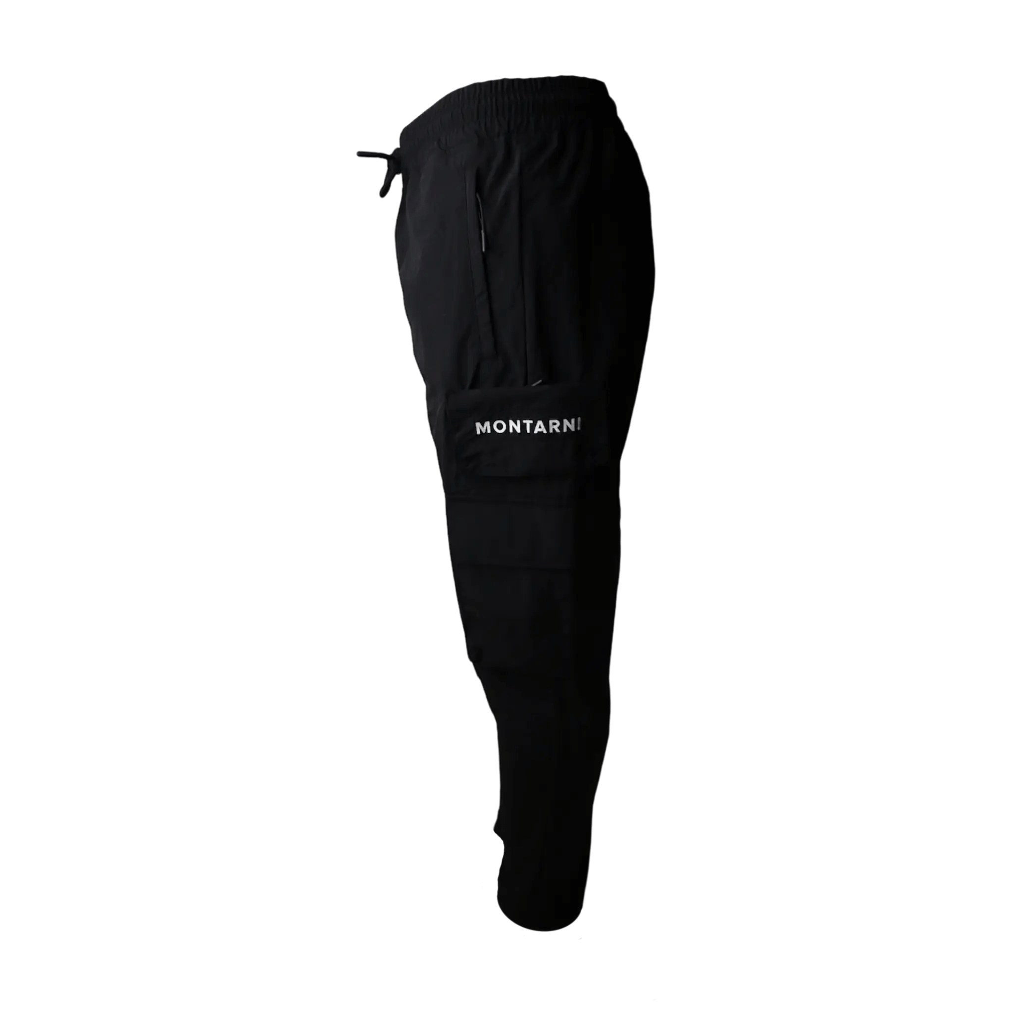 Side view of Montarni casual Cargo pants men showing zip pocket and flap pocket on thigh in light grey fabric