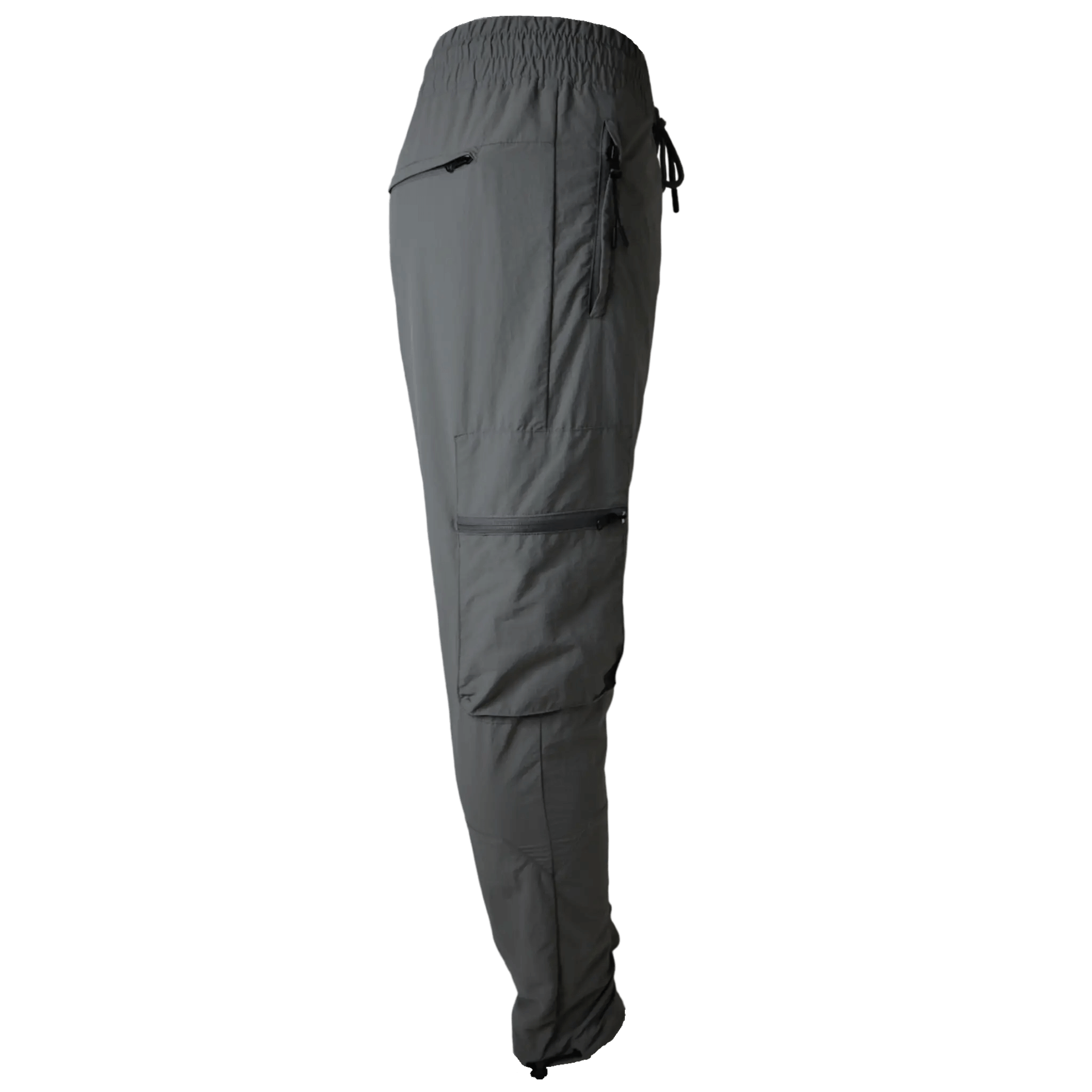 Side view of Montarni casual Cargo pants men showing zip pocket and flap pocket on thigh in light grey fabric