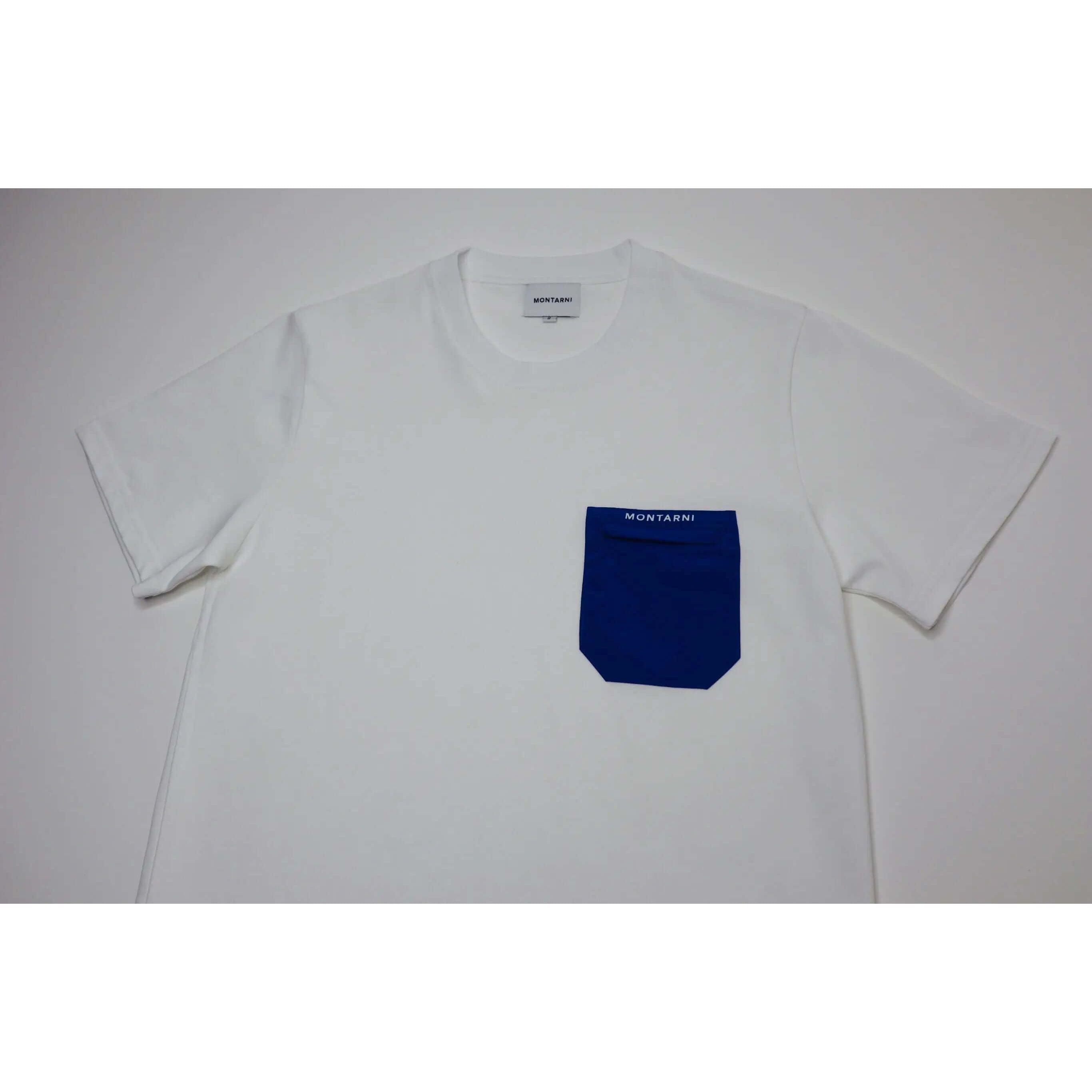 Utility T-Shirt in white featuring a blue zip chest pocket, designed for modern everyday wear.
