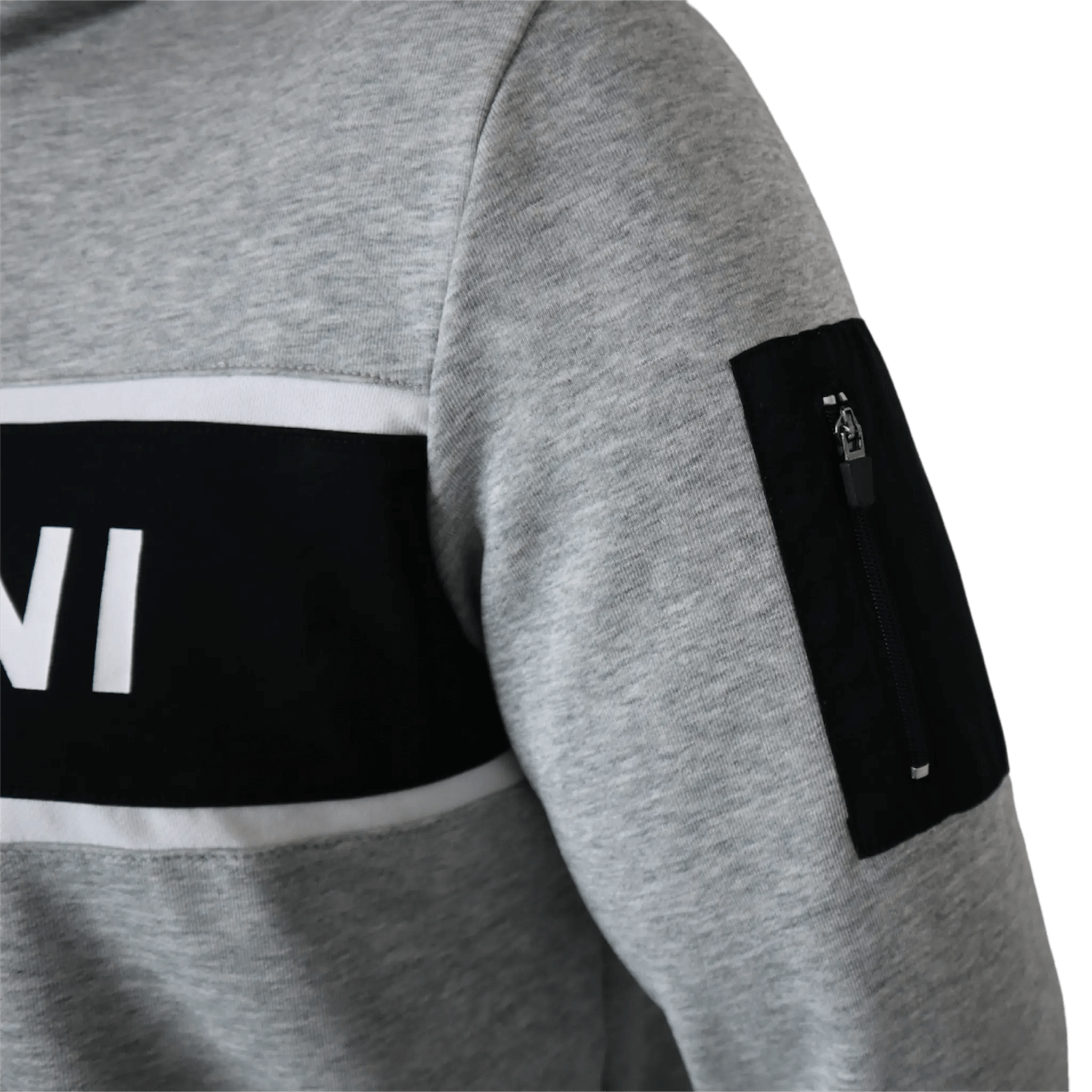 Close‑up of Montarni gym hoodie men sleeve zip pocket and ribbed cuff on grey technical fabric