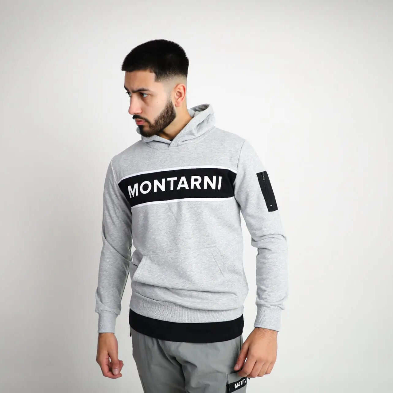 Slim Fit Hoodie in grey by Montarni, featuring bold design and a comfortable fit for casual wear.