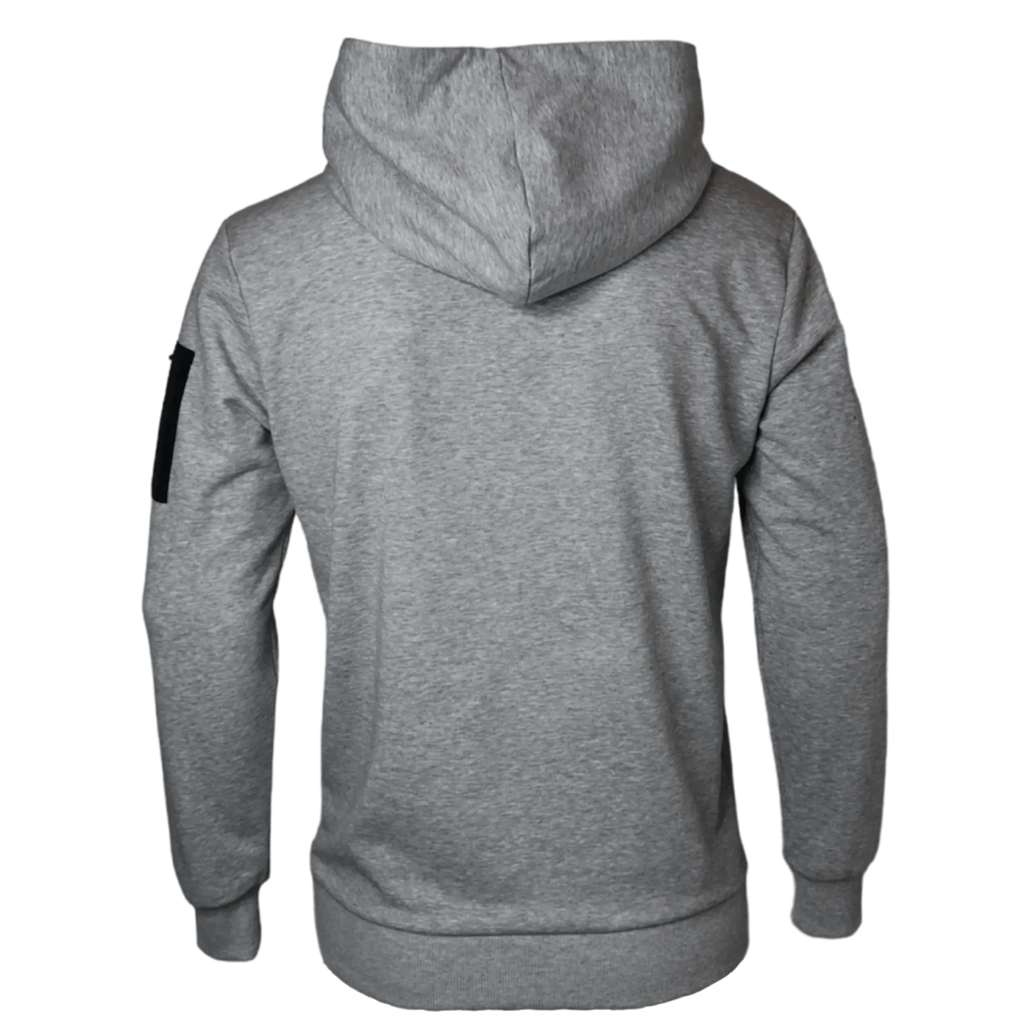 Montarni grey gym hoodie men back view with oversized hood, ribbed waistband and soft interior lining