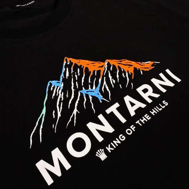 Soft cotton Graphic t-shirt featuring Montarni King Of The Hills graphic design on a black background.